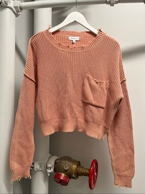 MABLE Cropped Distressed Pocket Sweater - Dusty Peach